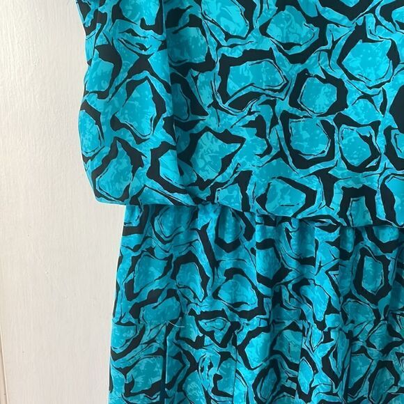 J. B. Too vintage aqua & black print blouson flutter sleeve pleat dress size 14 - Picture 7 of 9